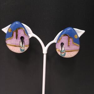 Vintage Hand Painted Southwestern Folk Art Ceramic Clip Earrings 1980s